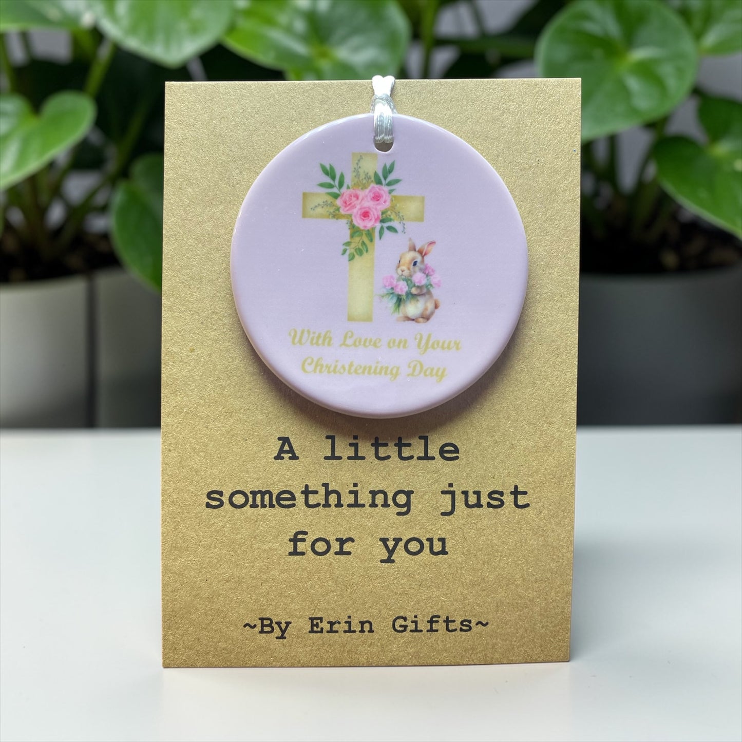 Christening Day Pink Bunny A Little Something Card and Ceramic Keepsake gift (Copy)