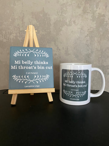Mi Belly Thinks Mi Throats bin cut Mug and Coaster